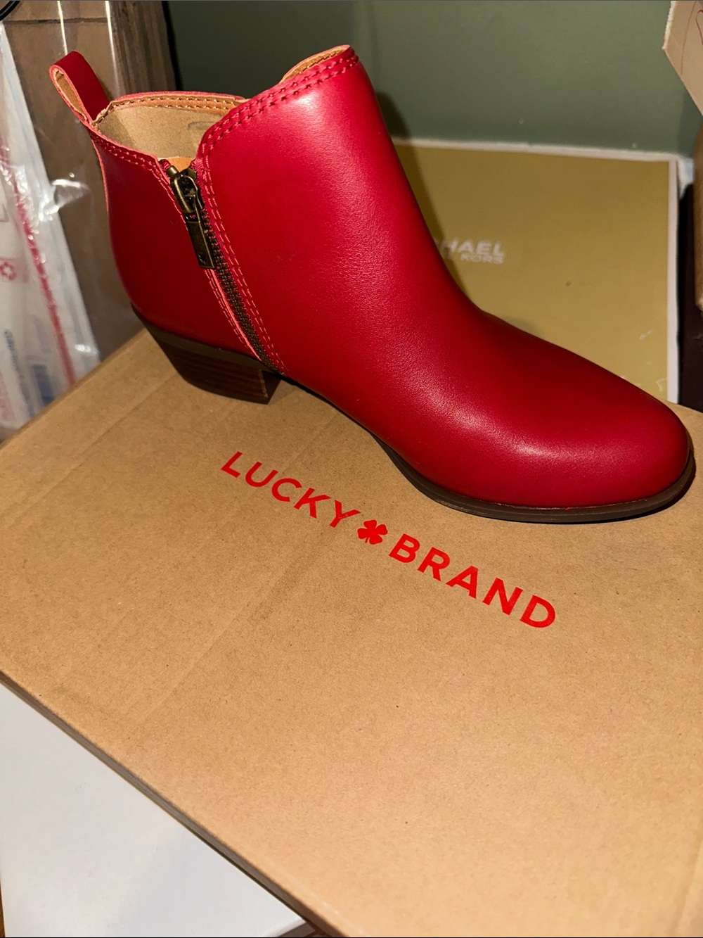 Lucky Brand Red Leather Ankle Bootie with Side Zip Accent